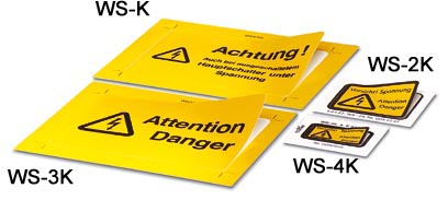 WS-4K    Adhesive warning plate, self-adhesive, black print: lightning flash with mixed verson - "Vorsicht Spannung - Attention Danger" size of label: