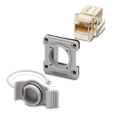 VS-08-SET1    RJ45 panel mounting frame, IP67, for square panel cutout, with grommet, without mounting screws, with RJ45 socket insert, socket on sock