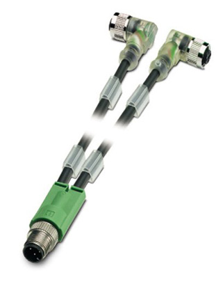 SAC-3P-M12Y/2X3,0-PUR/M12FR-2L    Sensor/actuator cable, 3-pos., PUR halogen-free black, straight M12 Y-connector, on 2x angled M12 socket with 2 LEDs