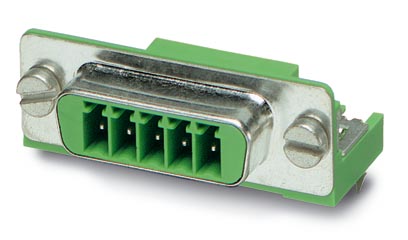 VS-PSC 1,5/5-M    POWER-SUBCON header, for mounting side, 5-pos., shielded, green, for wall thicknesses up to 2.0 or 4.5 mm, with spacer pin SW 5L5/4-