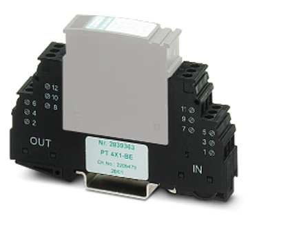 PT 4X1-BE    Base element for protective plug PT with protective circuit for 4 conductors of signal circuits grounded on one side, with bridge between