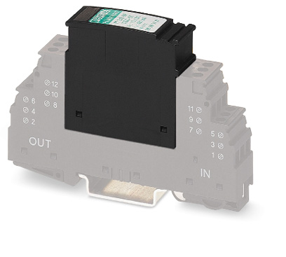 PT 2X2-HF-12 DC-ST    Surge protection plug for the base element, normal mode voltage coarse and fine protection for two floating double wires in IT.