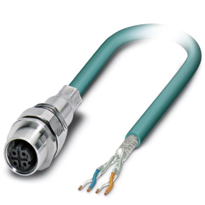 VS-M12FSEC-OE-93E-LI/2,0    Assembled Ethernet cable, CAT5e, shielded, 2-pair, AWG 26 stranded (7-wire), RAL 5021 (water blue), M12 flush-type socket,