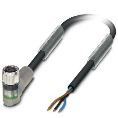 SAC-3P- 1,5-PUR/M 8FR-2L    Sensor/actuator cable, 3-pos., PUR halogen-free black, free conductor end on angled M8 socket with two LEDs, cable length: