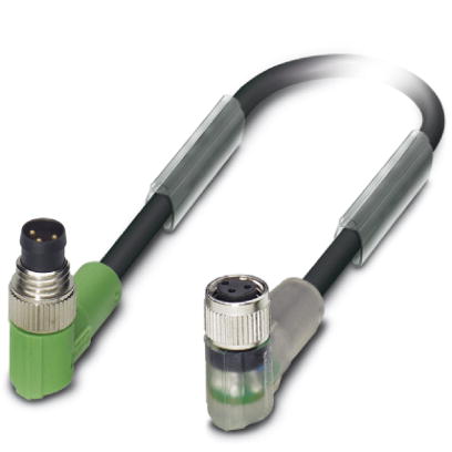 SAC-3P-M 8MR/0,3-PUR/M 8FR-2L    Sensor/actuator cable, 3-pos., PUR halogen-free black, angled M8 plug, on angled M8 socket, with two LEDs, cable leng