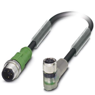 SAC-3P-M12MS/0,3-PUR/M 8FR-2L    Sensor/actuator cable, 3-pos., PUR halogen-free black, straight M12 plug, on angled M8 socket, with two LEDs, cable l