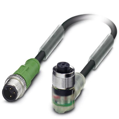 SAC-3P-M12MS/0,6-PUR/M12FR-2LB    Sensor/actuator cable, 3-pos., PUR halogen-free black, straight M12 plug, on angled M12 socket, with two LEDs, PIN 2