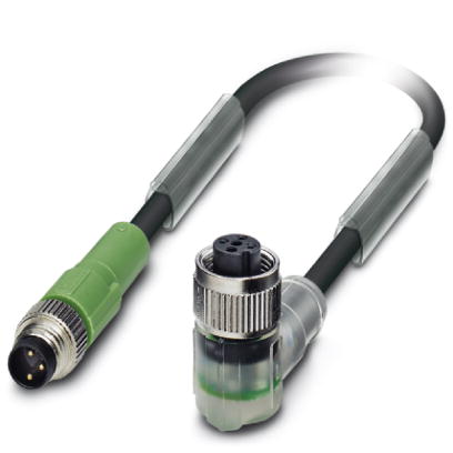 SAC-3P-M 8MS/ 0,3-PUR/M12FR-2L    Sensor/actuator cable, 3-pos., PUR halogen-free black, straight M8 plug, on angled M12 socket, with two LEDs, cable
