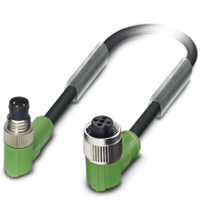 SAC-3P-M 8MR/0,3-PUR/M12FR    Sensor/actuator cable, 3-pos., PUR halogen-free black, angled M8 plug, on angled M12 socket, cable length: 0.3 m