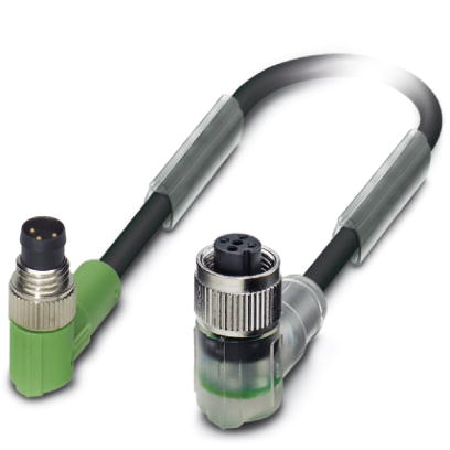 SAC-3P-M 8MR/ 3,0-PUR/M12FR-2L    Sensor/actuator cable, 3-pos., PUR halogen-free black, angled M8 plug, on angled M12 socket, with two LEDs, cable le