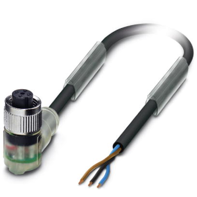SAC-3P- 1,5-PUR/M12FR-2L B    Sensor/actuator cable, 3-pos., PUR halogen-free black, free conductor end on angled M12 socket with two LEDs, PIN 2+4 br