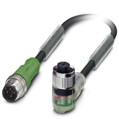 SAC-4P-M12MS/0,3-PUR/M12FR-3L    Sensor/actuator cable, 4-pos., PUR halogen-free black, straight M12 plug, on angled M12 socket, with three LEDs, cabl