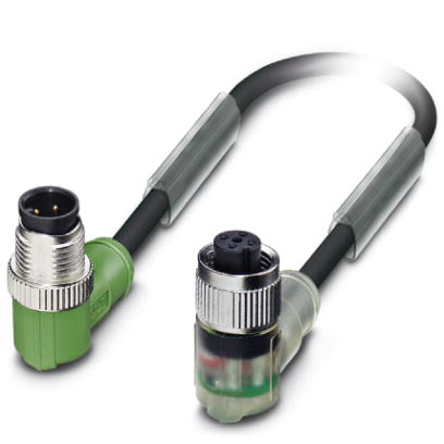 SAC-4P-M12MR/0,3-PUR/M12FR-3L    Sensor/actuator cable, 4-pos., PUR halogen-free black, angled M12 plug, on angled M12 socket, with three LEDs, cable