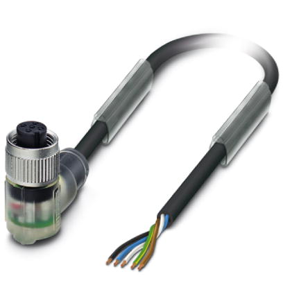SAC-5P- 1,5-PUR/M12FR-3L    Sensor/actuator cable, 5-pos., PUR halogen-free black, free conductor end, on angled M12 socket, with three LEDs, cable le