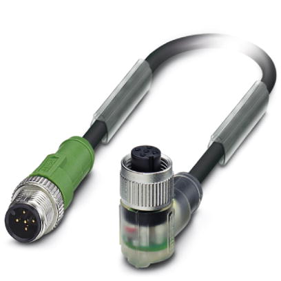 SAC-5P-M12MS/0,3-PUR/M12FR-3L    Sensor/actuator cable, 5-pos., PUR halogen-free black, straight M12 plug, on angled M12 socket, with three LEDs, cabl