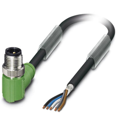 SAC-5P-M12MR/10,0-PUR SH    Sensor/actuator cable, 5-pos., PUR halogen-free black, shielded, angled M12 plug on free conductor end, cable length: 10 m