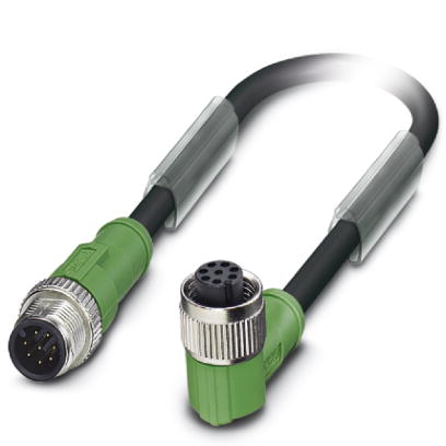 SAC-8P-M12MS/ 0,3-PUR/M12FR    Sensor/actuator cable, 8-pos., PUR halogen-free black, straight M12 plug, on angled M12 socket, cable length: 0.3 m