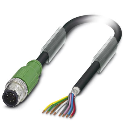 SAC-8P-M12MS/ 1,5-PUR SH    Sensor/actuator cable, 8-pos., PUR halogen-free black, shielded, straight M12 plug on free conductor end, cable length: 1.