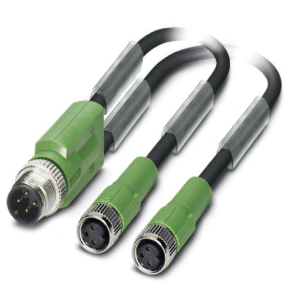 SAC-3P-M12Y/2X0,3-PUR/M 8FS    Sensor/actuator cable, 3-pos., PUR halogen-free black, straight M12 Y-plug, on 2x straight M8 socket, cable length: 0.3