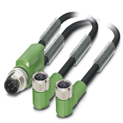 SAC-3P-M12Y/2X0,3-PUR/M 8FR    Sensor/actuator cable, 3-pos., PUR halogen-free black, straight M12 Y-plug, on 2x angled M8 socket, cable length: 0.3 m