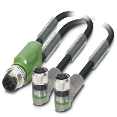 SAC-3P-M12Y/2X0,3-PUR/M 8FR-2L    Sensor/actuator cable, 3-pos., PUR halogen-free black, straight M12 Y-plug, on 2x angled M8 socket with two LEDs, ca