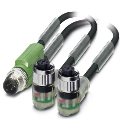 SAC-3P-M12Y/2X0,3-PUR/M12FR2LB    Sensor/actuator cable, 3-pos., PUR halogen-free black, straight M12 Y-plug, on 2x angled M12 socket with two LEDs, P