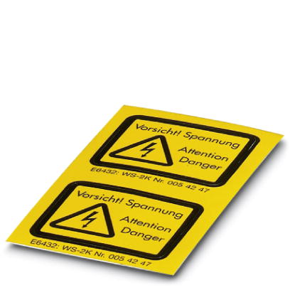 WS-2K    Adhesive warning plate, self-adhesive, black print: lightning flash with mixed verson - "Vorsicht Spannung - Attention Danger" size of label: