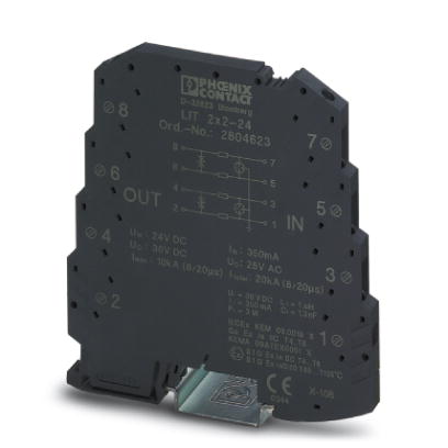 LIT 2X2-24    Surge protection in one-piece 6.2 mm wide DIN rail module for two floating signal circuits in 2-wire technology.