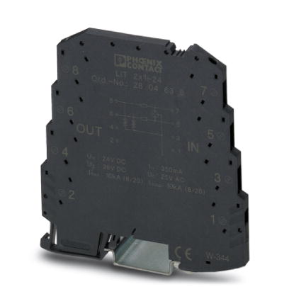 LIT 2X1-24    Surge protection in one-piece 6.2 mm wide DIN rail module for two conductors with common reference potential.