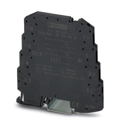 LIT 4X1-24    Surge protection in one-piece 6.2 mm wide DIN rail module for four conductors with common reference potential.