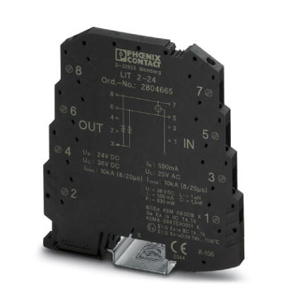 LIT 2-24    Surge protection in one-piece 6.2 mm wide DIN rail module for two floating signal wires.