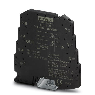 LIT 4-12    Surge protection in one-piece 6.2 mm wide DIN rail module for four floating signal wires.