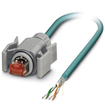 VS-IP67-OE-93E-LI/2,0    Assembled Ethernet cable, CAT5e, shielded, 2-pair, AWG 26 stranded (7-wire), RAL 5021 (water blue), RJ45 plug/IP67, gray on f
