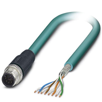 VS-M12MS-OE-94C-LI/2,0    Assembled Ethernet cable, CAT5e, shielded, 4-pair, AWG 26 flexible cable conduit capable (19-wire), RAL 5021 (water blue), M