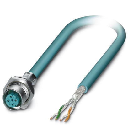 VS-M12FSBP-OE-93E-LI/2,0    Assembled Ethernet cable, CAT5e, shielded, 2-pair, AWG 26 stranded (7-wire), RAL 5021 (water blue), M12 flush-type socket,