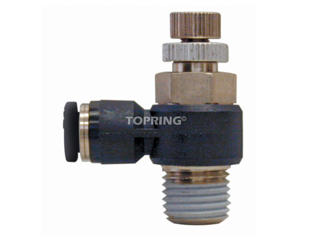Régulateur de débit avec soupape de retenue coude fileté 6mm x 1/8(m)bspt sortie topfit